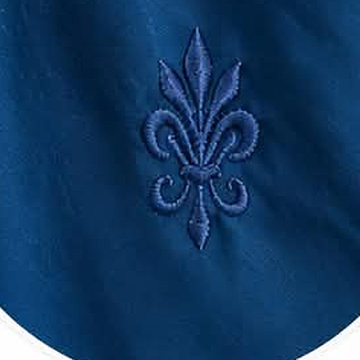 Embroidered fleur motif up close