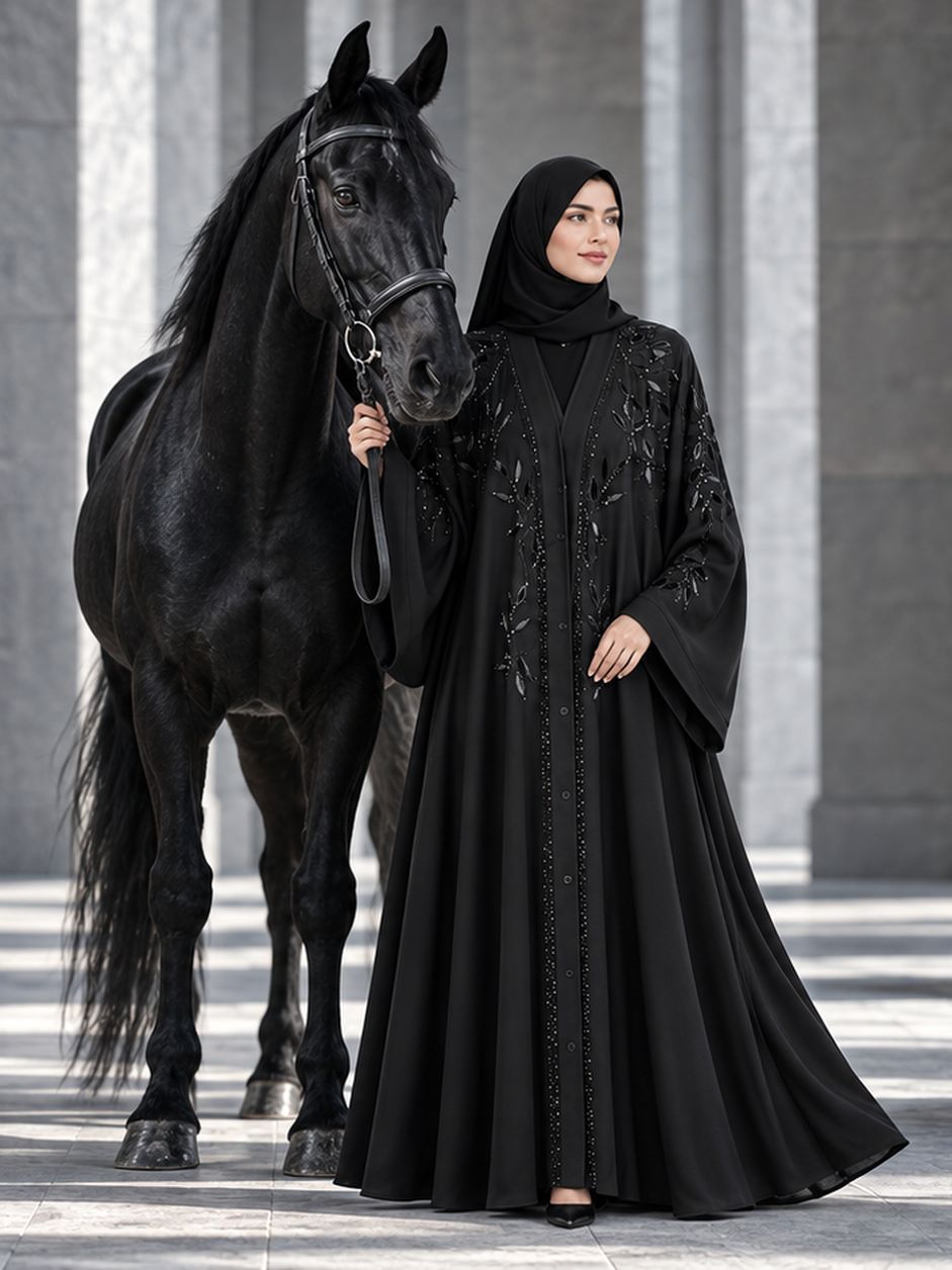 Laila Leaf Abaya worn in a stone colonnade beside a black horse