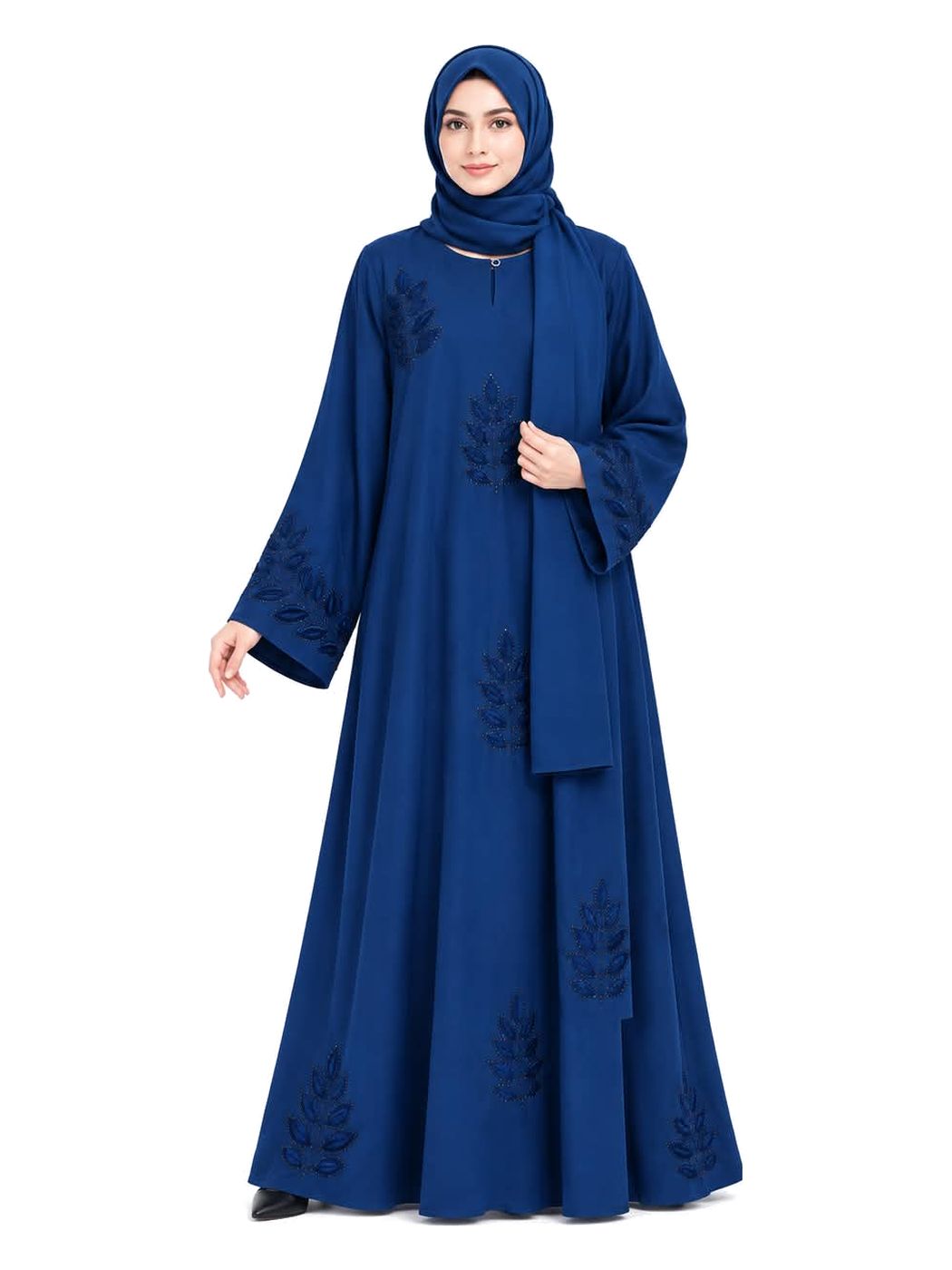 Neelam Leaf Abaya in sapphire blue with matching scarf